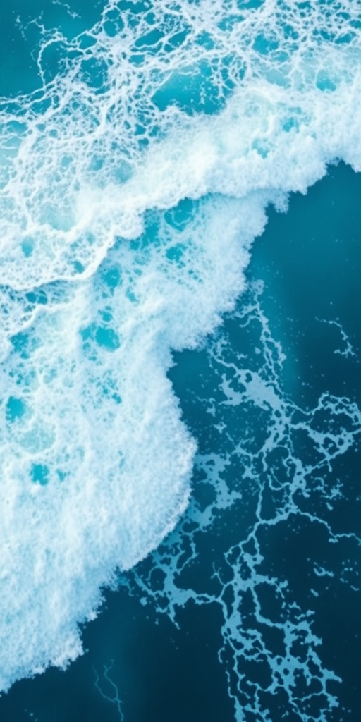 Capture a high-resolution image of ocean waves with vibrant blue hues, using a DSLR camera at f/8 aperture, ISO 100, 1/250 sec shutter speed, shot from a bird's eye view with a wide-angle lens.