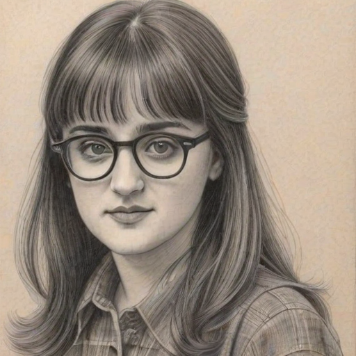 Superb Mara Wilson, pencil sketch, portrait of Bewitching woman 1980s in glasses, hair style beatnik, outline, clear lines, fine lines, 8k
