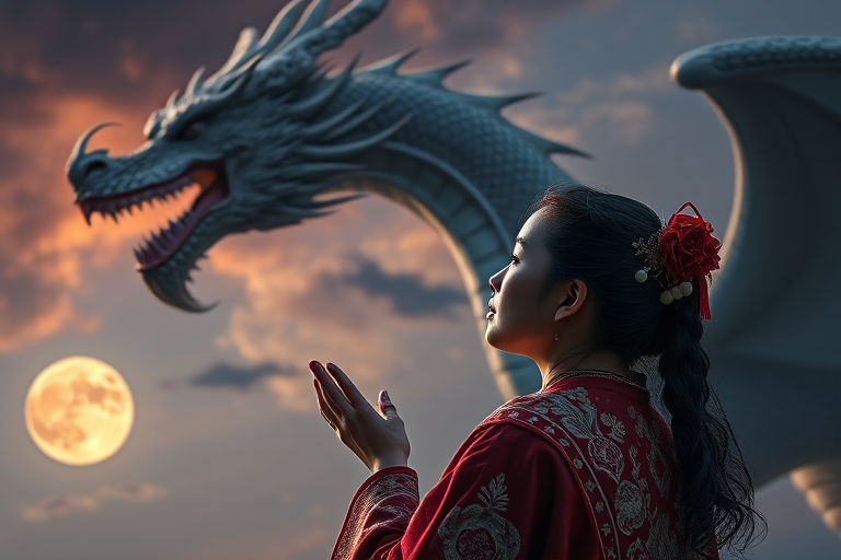 Create a high-resolution image of a young woman in traditional clothing gazing at a majestic dragon, set against a dramatic sky with a full moon, using a DSLR camera at f/1.8 aperture, ISO 200, and a 50mm lens to capture intricate details with a shallow depth of field.