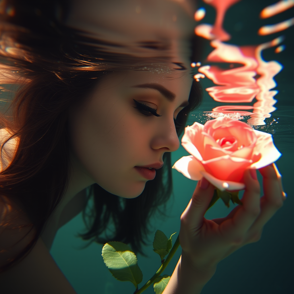 A woman underwater, gazing at a rose Her face is reflected in the water's surface The scene is illuminated by sunlight filtering through the water The atmosphere is serene and contemplative