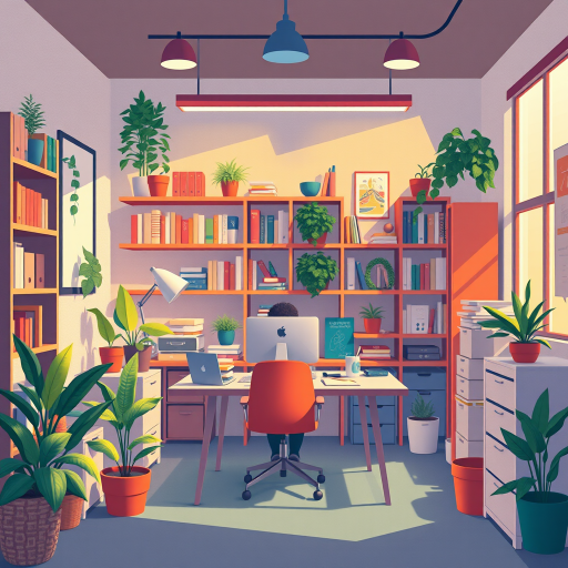 create a cozy and vibrant illustration of a modern office space featuring a person working at a desk surrounded by bookshelves, plants, and various office supplies with warm lighting and dynamic shadows, shot with a Canon EOS R5, 50mm lens, f/2.8, ISO 200, in a shallow depth of field to enhance the background bokeh