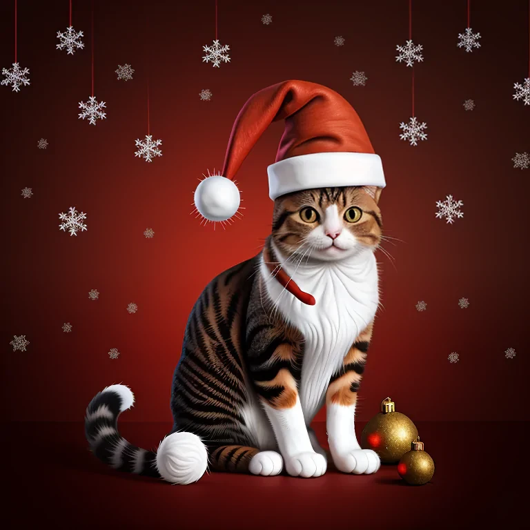 Festive Cat in Santa Hat Surrounded by Snowflakes and Ornaments