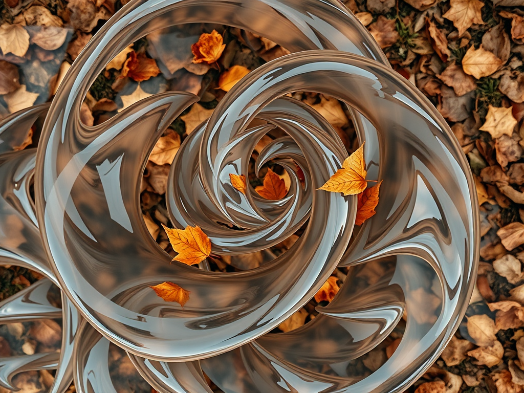 Create an abstract composition featuring swirling transparent shapes with scattered brown leaves, captured with a Canon EOS R5 at f/2.8, 1/125 sec, ISO 100, in a soft focus style, top-down view for enhanced depth and detail.