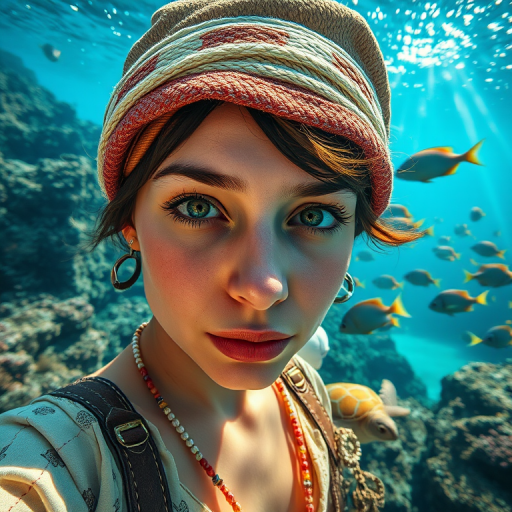 Realistic selfie image of a Turkish, wearing a vintage outfit, detailed dreamy eyes, droopy hooded eyes, staring at the camera, taken underwater at coral reef with a sunbeam filtering through the water, vibrant, summer vacation, natural lighting, turtle and school of tropical fish with vibrant colors, rendered in the style of CryEngine, Pegi Nicol MacLeod, with realistic genre scenes, hauntingly beautiful narratives, ultra-realism, and Thomas Saliot's close-up technique, 8K resolution, crystal clear and sparkling water.
