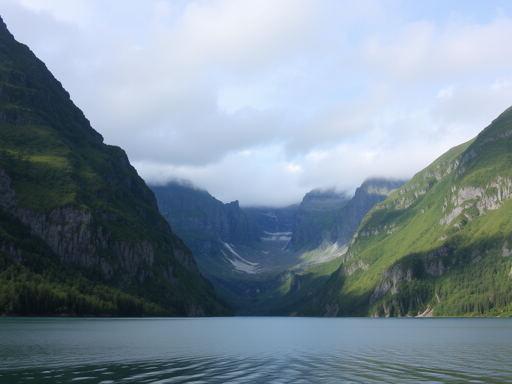 Create an image of a breathtaking fjord surrounded by steep cliffs and lush greenery under a cloudy sky, with serene waters reflecting the landscape.
