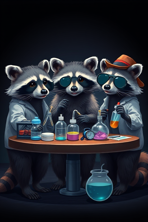 Create an illustration of three raccoons wearing hats and sunglasses, standing around a table filled with lab equipment, with a dark background, shot with a DSLR camera, aperture f/2.8, shutter speed 1/200s, ISO 100, in a high contrast style to enhance details.