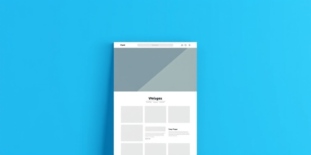 high-resolution digital illustration of a minimalist website layout on a bright blue background, featuring a header, sections for images and text, flat design style, 50mm lens, f/2.8 aperture, 1/125 sec shutter speed, ISO 100, shot with a DSLR camera
