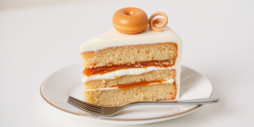 A beautifully layered cake slice with creamy frosting and a caramel filling, topped with a small donut and a decorative swirl, set on a delicate plate with a fork beside it, against a light background.