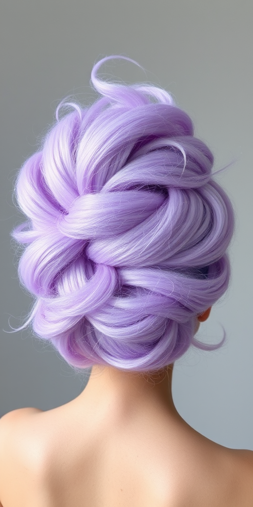 Ethereal lavender fairy floss updo named Amethyst Cloud crafted from wispy tendrils of cotton candy-like texture arranged in a voluminous spherical shape resembling a delicate floating nimbus