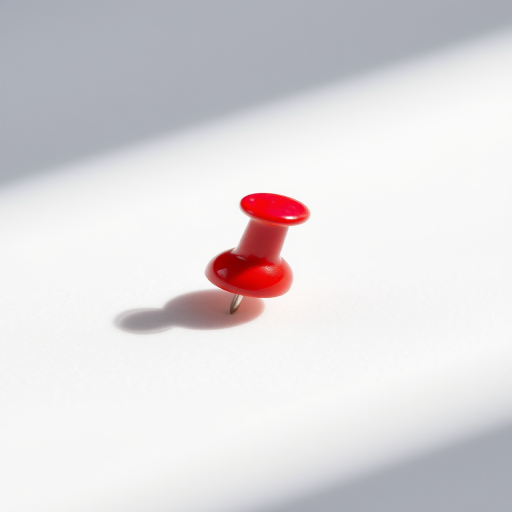 Create a high-resolution image of a glossy red pushpin on a white background with soft shadows, using a DSLR camera set to aperture f/2.8, shutter speed 1/100 sec, ISO 100, shot from a macro view to enhance details and textures.