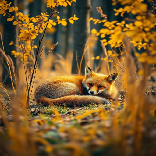 Create a serene forest scene featuring a curled-up fox resting among tall yellow grasses and trees with golden leaves, captured with a DSLR camera at f/2.8 aperture, 50mm lens, and a shallow depth of field, in a soft, warm color palette.