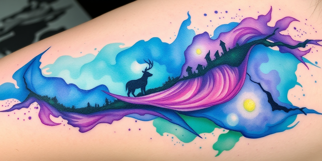 Vibrant watercolor tattoo named "Chromatic Cascade" featuring a swirling blend of blues, purples, and greens forming an abstract landscape with hidden animal silhouettes, characterized by its fluid brushstrokes and ethereal appearance