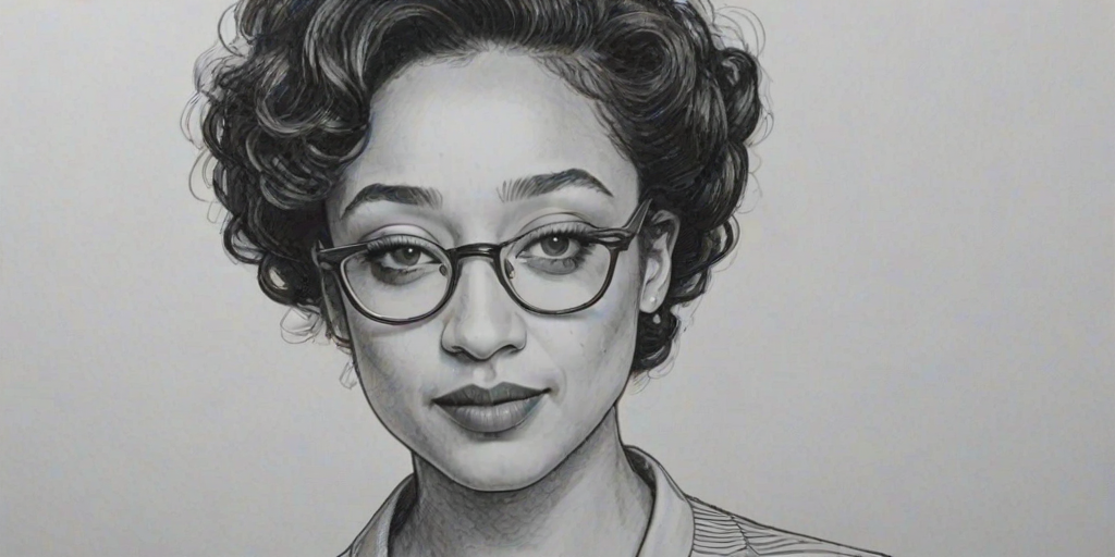Wonderful Ruth Negga, pencil sketch, portrait of Superb woman 1975s in glasses, hair style beatnik, outline, clear lines, fine lines, 8k