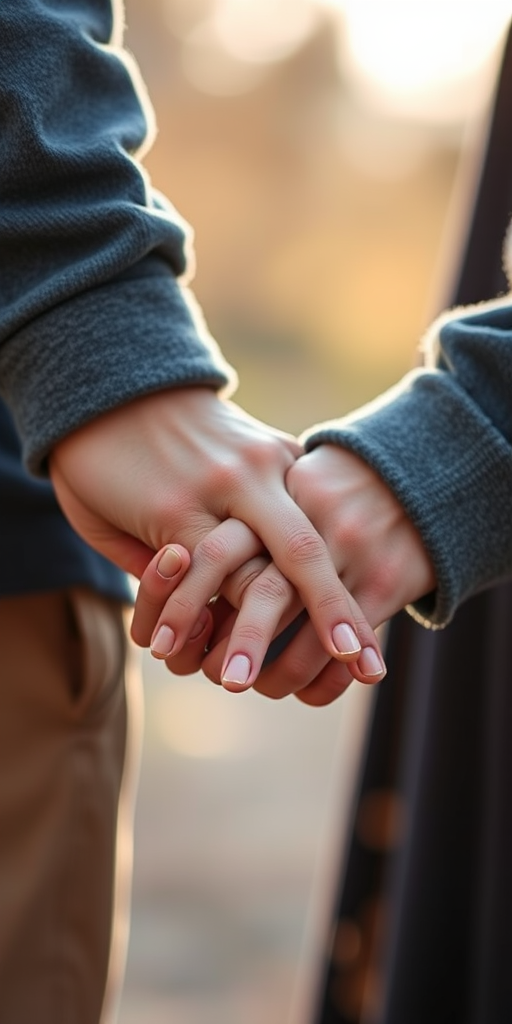 close-up of two hands gently holding each other, shallow depth of field, natural light, 50mm lens, f/2.8, ISO 200, DSLR camera, soft focus to enhance intimacy