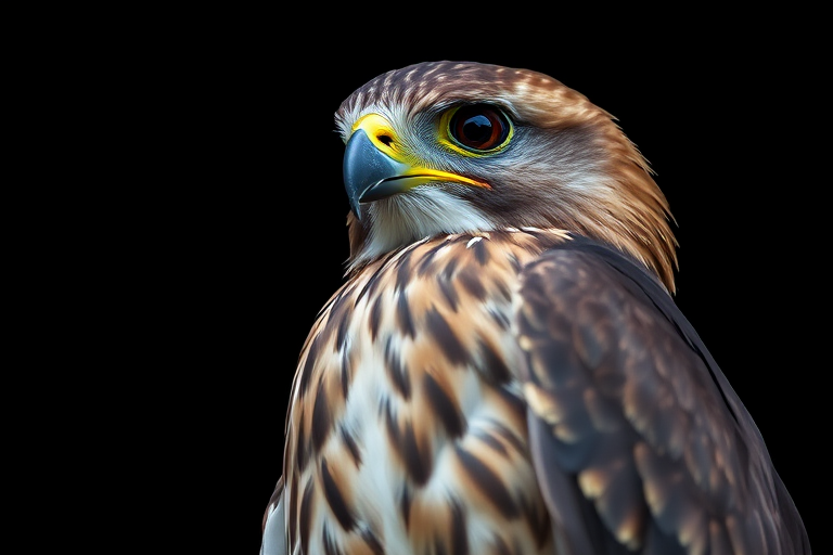 A close-up shot of a hawk perched in a low-light environment, using a DSLR camera with an aperture of f/2.8, shutter speed of 1/500s, ISO 400, and 85mm lens, capturing intricate feather details against a dark background.