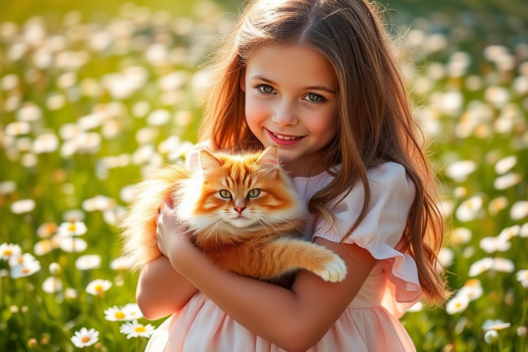 Generate a hyper-realistic portrait of a girl with long wavy hair and a pale pink dress, holding a fluffy orange and white cat surrounded by a vibrant field of daisies and dappled sunlight, using a DSLR camera at f/1.8, ISO 100, 50mm lens, soft focus background, natural lighting.