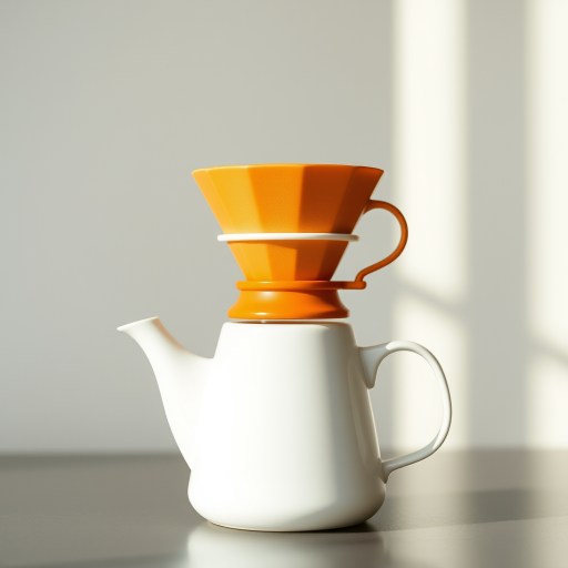 create a high-resolution vector graphic of a coffee dripper with an orange filter on a sleek white ceramic pot, using a 50mm lens, f/2.8 aperture, and natural lighting for enhanced clarity and color vibrancy, in a minimalist style
