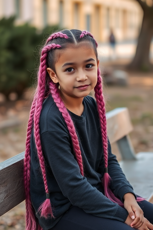 portrait of a girl with long pink ombre braids sitting on a stone bench outdoors in soft natural light, Canon EOS R5, 50mm f/1.2 lens, aperture priority mode, ISO 100, shutter speed 1/200s, shallow depth of field, soft background blur