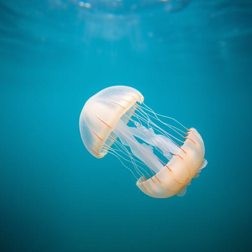 Create a high-resolution underwater photograph of a luminous jellyfish gracefully swimming, captured with a DSLR camera using a 50mm lens, f/2.8 aperture, ISO 200, and a shutter speed of 1/250s, with a macro view and a soft background.