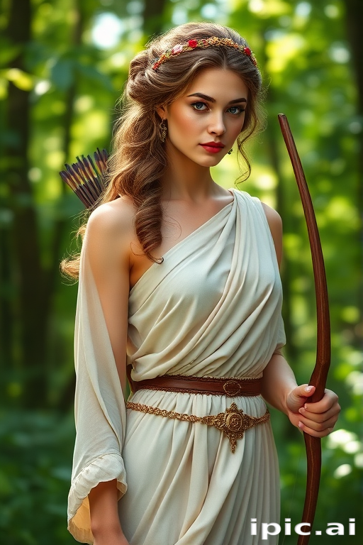 Create a portrait of a goddess-like female figure in a tranquil, forested environment. She has an elegant appearance with long, wavy hair styled in an updo and adorned with a delicate, floral headband. She wears a flowing, ancient Greek-inspired gown in a soft, pale color, featuring a one-shoulder design and draped fabric that accentuates her graceful form. The outfit includes a decorative belt with ornate gold detailing, and she holds a bow in her hand, with a quiver of arrows slung over her shoulder. The background depicts lush greenery, with sunlight filtering through the trees, casting a gentle, ethereal light on the scene. Her expression is calm and contemplative, embodying a sense of wisdom and serenity.