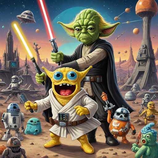 Create a parody of the Star Wars poster with SpongeBob as Luke Skywalker, holding a glowing spatula like a lightsaber. Patrick Star takes the role of Han Solo, holding a blaster, while Squidward is Obi-Wan Kenobi, draped in robes. In the background, Plankton appears as Darth Vader, with Bikini Bottom’s landmarks reimagined as spaceships and planets. The iconic Star Wars logo is swapped for "Sponge Wars," creating a playful, sci-fi adventure scene.