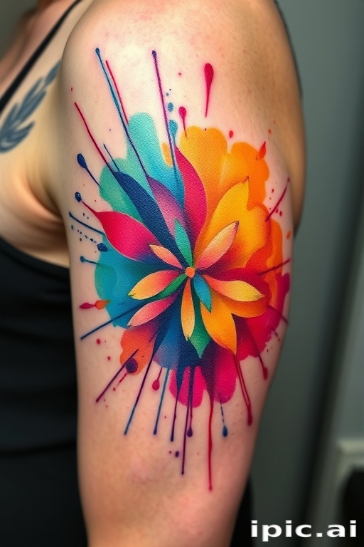Watercolor splash tattoo named "Chromatic Explosion" showcasing a vibrant burst of colors blending and bleeding into each other resembling an abstract painting with no defined outlines