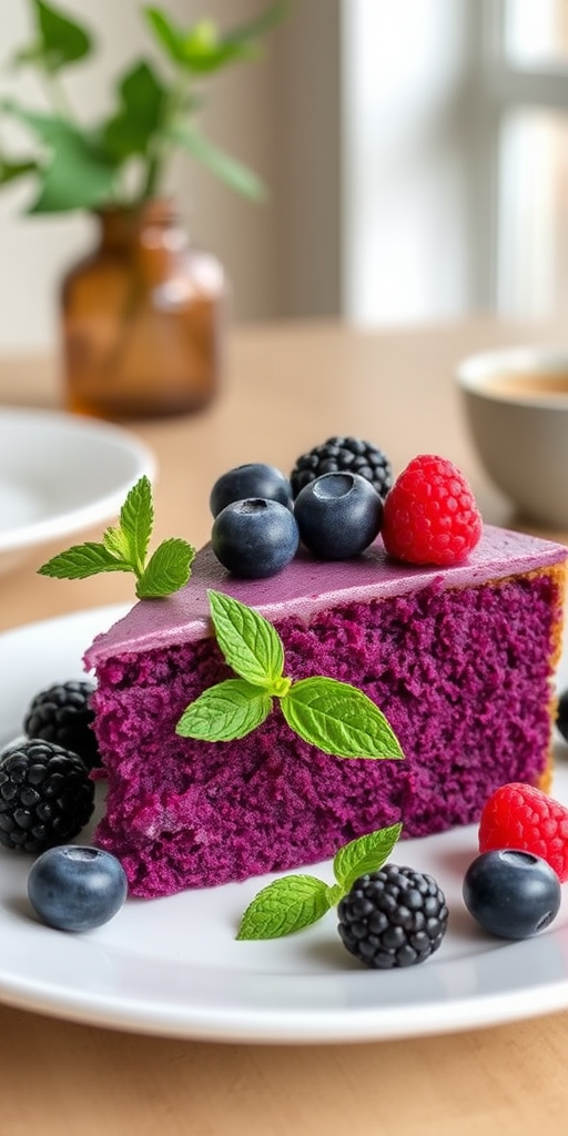 A slice of rich purple cake topped with blackberries raspberries and blueberries garnished with mint leaves on a white plate with a soft blurred background featuring a cozy dining setting.