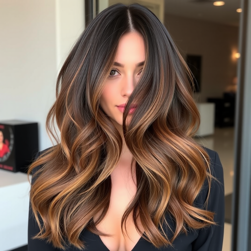 Elegant brunette with sleek chestnut balayage cascading in loose waves, showcasing a sophisticated long layered cut with face-framing pieces and subtle sun-kissed highlights throughout