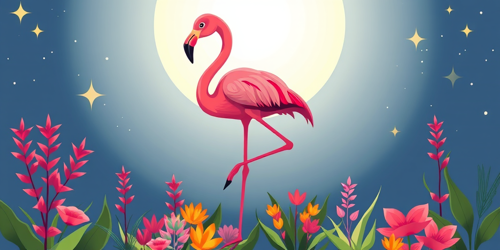 Create an image of a cartoon flamingo standing gracefully on one leg against a bright, starry background with vibrant plants in the foreground, captured with a DSLR camera at f/2.8, ISO 100, 50mm lens, top-down view, bright color palette, flat illustration style.