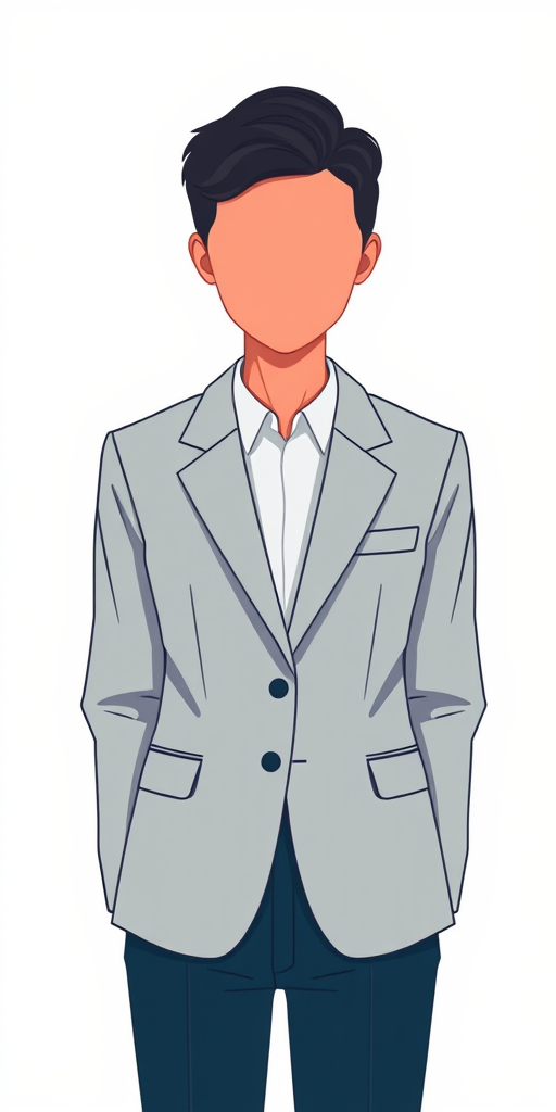 Create a simple vector illustration of a faceless person in a blazer, using a flat design style, with vibrant colors, sharp outlines, high resolution, taken with a digital camera at f/2.8 aperture, ISO 100, and a 50mm lens for a clean and focused appearance, in a studio setting with even lighting.