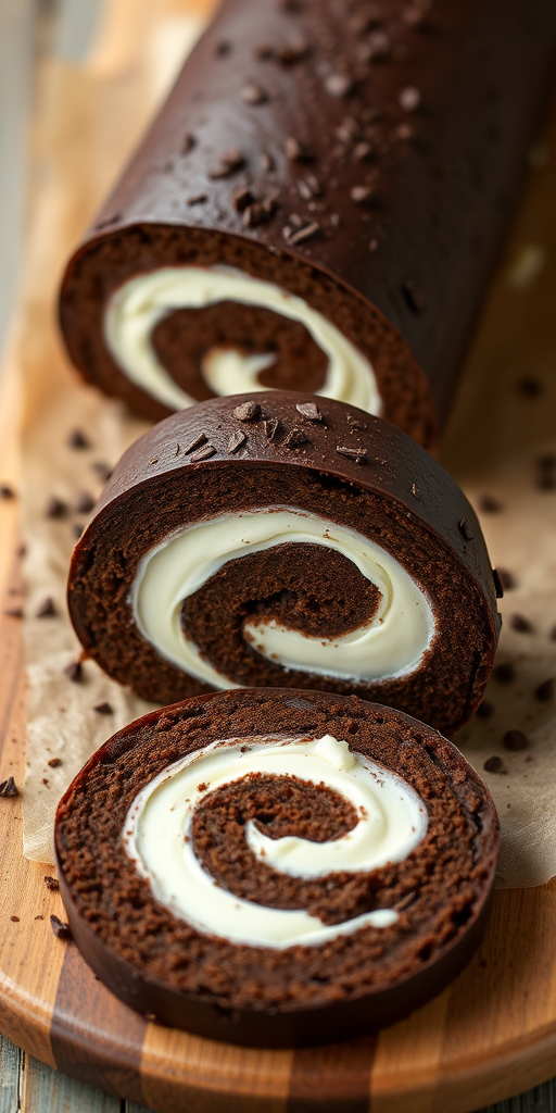 Chocolate roll cake with white cream filling sliced on a wooden board with parchment paper, showcasing a rich chocolate exterior and a spiral pattern of cream inside.