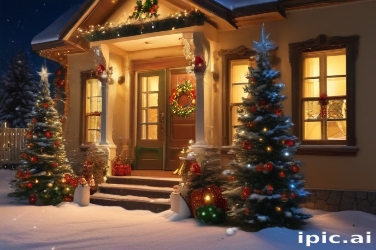 Cozy Holiday Home Decorated with Festive Lights and Christmas Trees