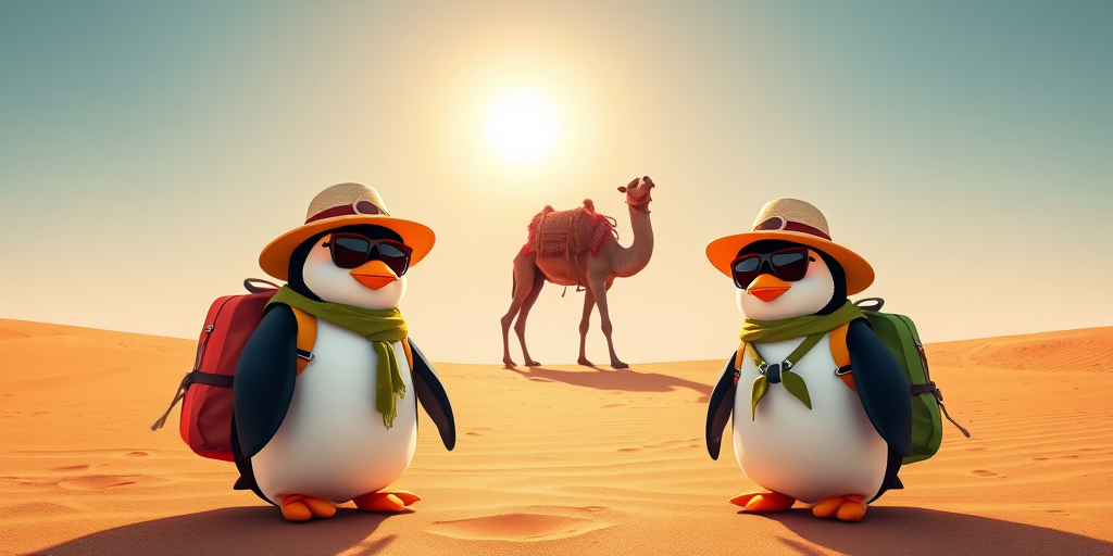 two cartoon penguins wearing hats and sunglasses with backpacks standing in a desert with a camel under a bright sun, shot with a DSLR camera at f/2.8, ISO 100, 50mm lens, vibrant colors, high contrast, wide angle view
