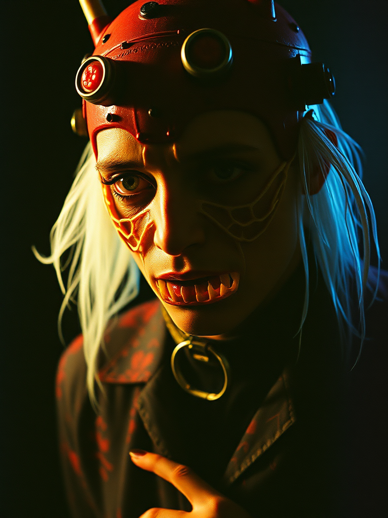 Analog style, vhs style, 8mm film, chromatic aberration, Dvd screengrab, from 80s horror movie, Bio - mechanical Dark fantasy in the style of Chiyomi Hashiguchi and Junji Ito portrait 35mm photo by Jhonen Vasquez', in the style of bizarre performance art, high detail, realsitic shadow