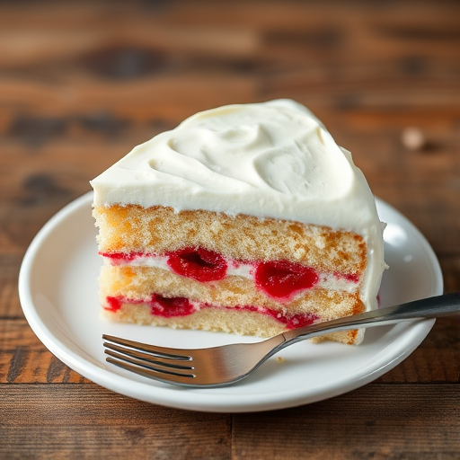 A slice of moist vanilla cake with raspberry filling and creamy white frosting on a rustic wooden table with a fork resting beside it