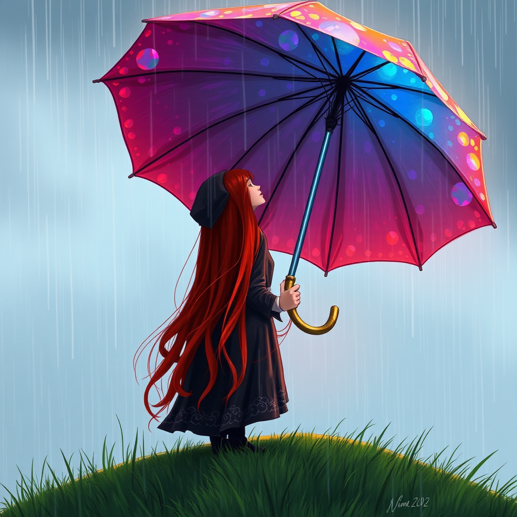 A surreal hand-drawn digital artwork depicting a mysterious red-haired woman standing on a grassy hill under the rain. She holds an umbrella crafted from iridescent zircon, its vibrant sheen contrasting with the soft, rainy atmosphere. The scene feels dreamlike, blending the natural elements of the hill and rain with the otherworldly shimmer of the umbrella.