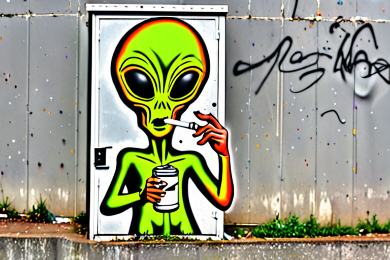 alien holdind a graffiti can with smoking coming from his mouth