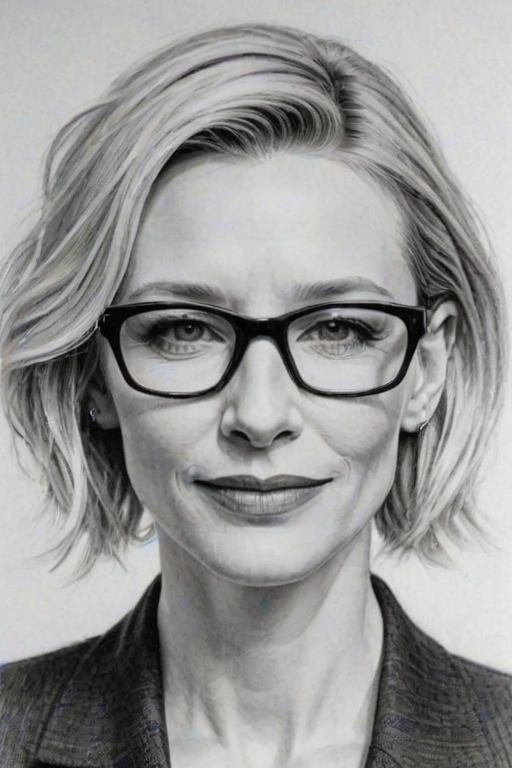 Attractive Cate Blanchett, pencil sketch, portrait of Dazzling woman 1924s in glasses, hair style beatnik, outline, clear lines, fine lines, 8k