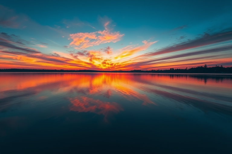 Generate a high-resolution image of a serene sunset over a tranquil lake, captured with a Canon EOS R5, 35mm lens, aperture f/8, ISO 200, using a wide-angle view to capture both the sky and reflection in the water, emphasizing vibrant colors and details.