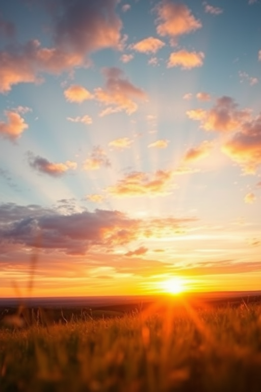 Generate a high-resolution image of a serene landscape at sunrise with vibrant colors, soft focus, using a DSLR camera, 50mm lens, f/1.8 aperture, ISO 200, and shutter speed of 1/200 sec, shot from a low angle to emphasize the foreground.