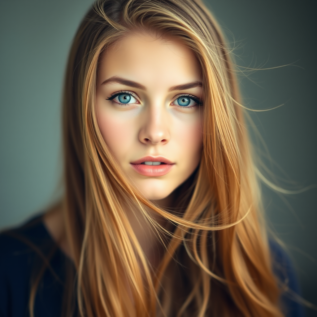 portrait of a young woman with long flowing hair and striking blue eyes, soft focus background, natural light, 85mm lens, f/1.8 aperture, ISO 100, shallow depth of field, high resolution, DSLR camera, vibrant colors and fine details