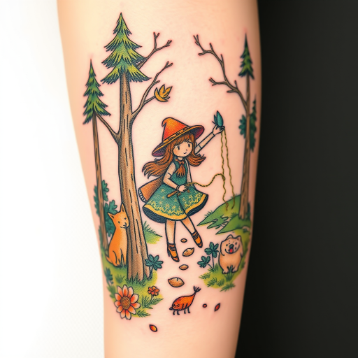 Illustrative tattoo "Whimsical Wanderer" depicting a charming forest scene with woodland creatures and fantastical elements in a storybook-inspired style with soft, earthy color palette