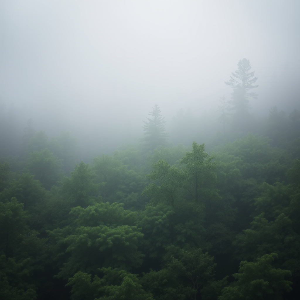 misty forest landscape with dense green foliage and a power line in the background, captured with a Canon EOS R5, 50mm f/1.8 lens, ISO 100, aperture f/4, shutter speed 1/200 sec, shot from a mid-range view to enhance depth and clarity.