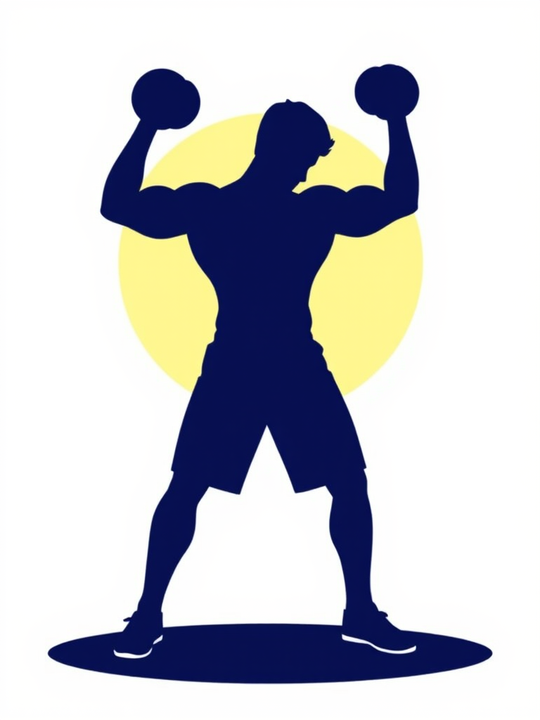 Create a vector illustration of a silhouette of a person lifting dumbbells, with a modern and minimalistic design, use a cool color palette, focus on smooth lines and dynamic pose, DSLR camera settings: ISO 100, f/4, 1/250s, wide-angle lens, top-down view, flat lay style for clarity and detail.