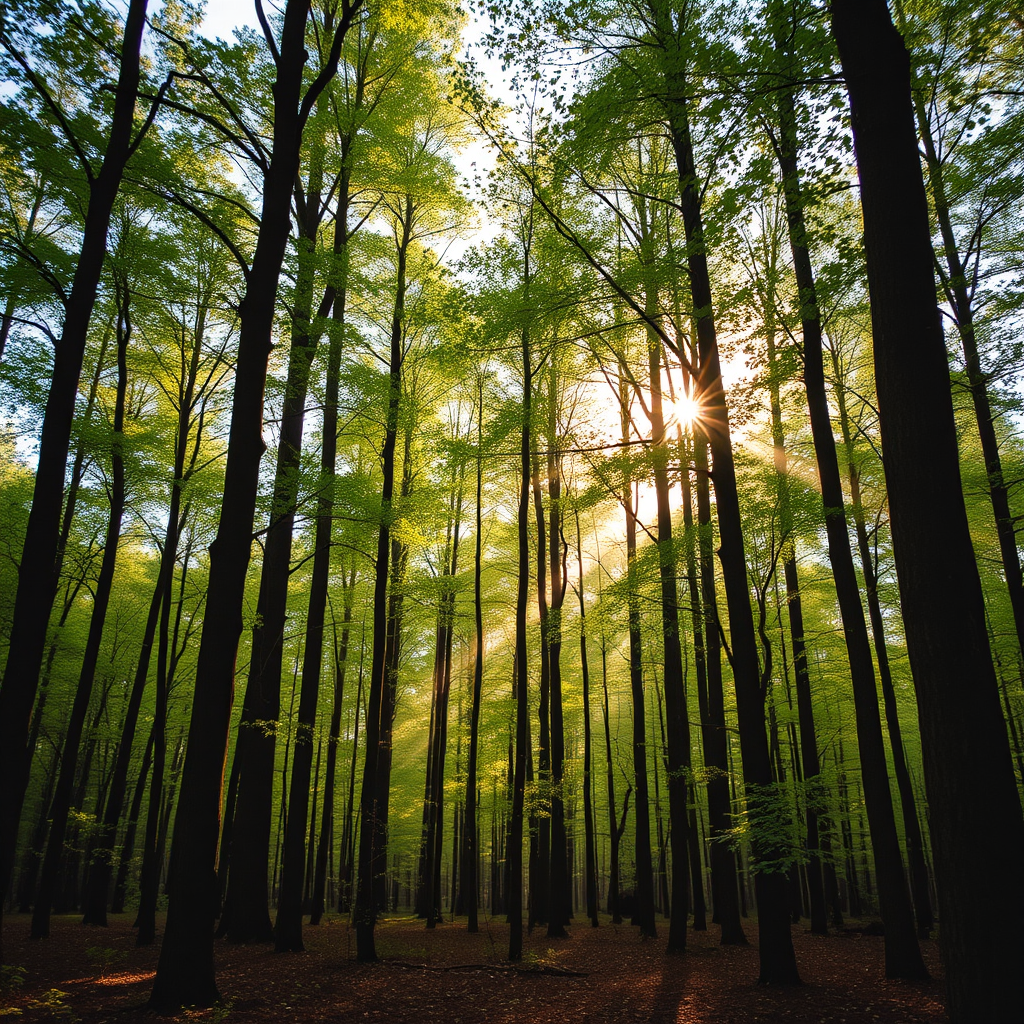 Generate an image of a serene forest scene with tall trees and soft sunlight filtering through the leaves, captured with a Canon EOS R6, 50mm lens, aperture f/1.8, ISO 200, HDR style, and a wide-angle view to enhance depth and detail.