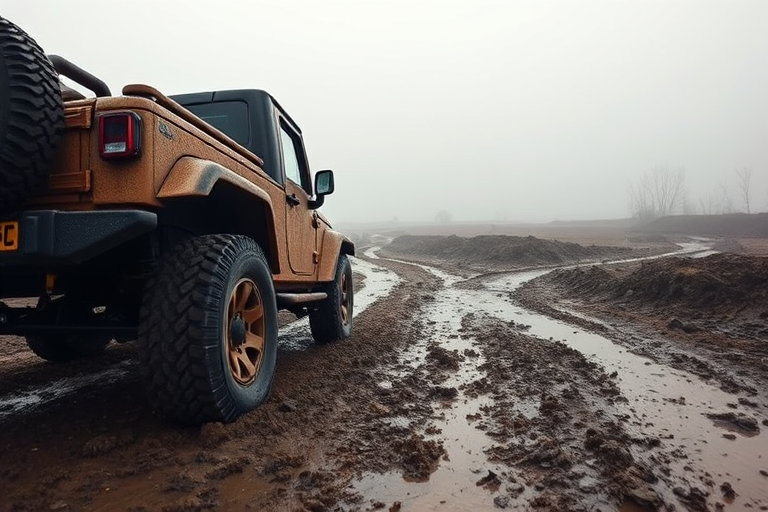 Capture a rugged off-road vehicle in motion on a muddy terrain during a foggy day, using a DSLR camera with a wide-angle lens at f/8 aperture, ISO 200, shutter speed of 1/500s, positioned at a low angle to emphasize the vehicle's dynamic movement against a soft, blurred background.