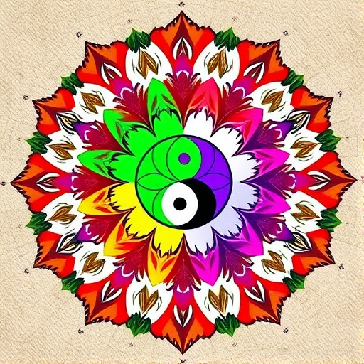 Create a high-resolution image featuring a mandala design with a yin-yang symbol at its center, displaying four quadrants in vibrant colors: red, green, yellow, and purple, using a DSLR camera with a 50mm lens, aperture set to f/1.8, shutter speed of 1/200s, ISO 100, shot from a top-down view with soft lighting to enhance details and contrast.