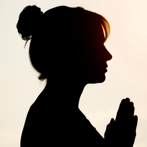 Create a silhouette of a woman in profile with hands clasped in prayer, natural light, f/2.8 aperture, ISO 100, 50mm lens, portrait style, DSLR camera.
