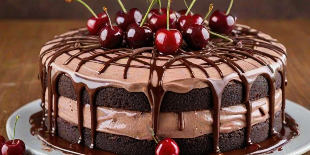 Generate an image of a delicious layered chocolate cake with cherries on top. The cake should have rich chocolate layers, creamy frosting, and a glossy chocolate drizzle. Include fresh cherries and chocolate shavings as decorative elements. The background should be a soft pastel color to enhance the dessert's appearance.