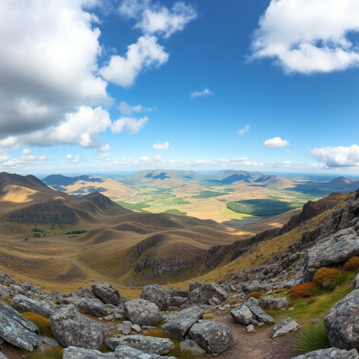 Capture a panoramic view of a rugged landscape with rolling hills and lush green fields under a partly cloudy sky, using a Canon EOS R5 with an EF 24-70mm f/2.8L lens, aperture set to f/8, ISO 100, and a shutter speed of 1/200 sec for enhanced clarity and detail.